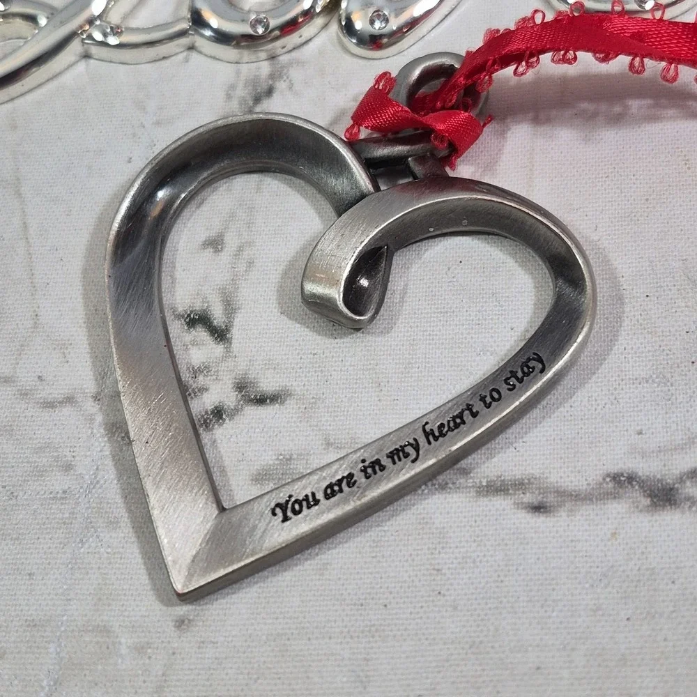 Ganz Pewter Heart Ribbon Ornament Kindness & Cursive Silver Tone Love Lot Of 2‎